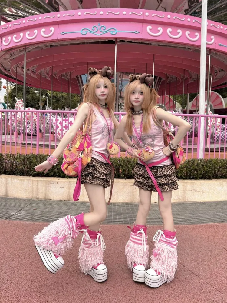 

Millennial Trendy f Skirt with Splicing Leopard Print Chiffon A-Line ort Skirt High Waist Cake Sle for Young Women