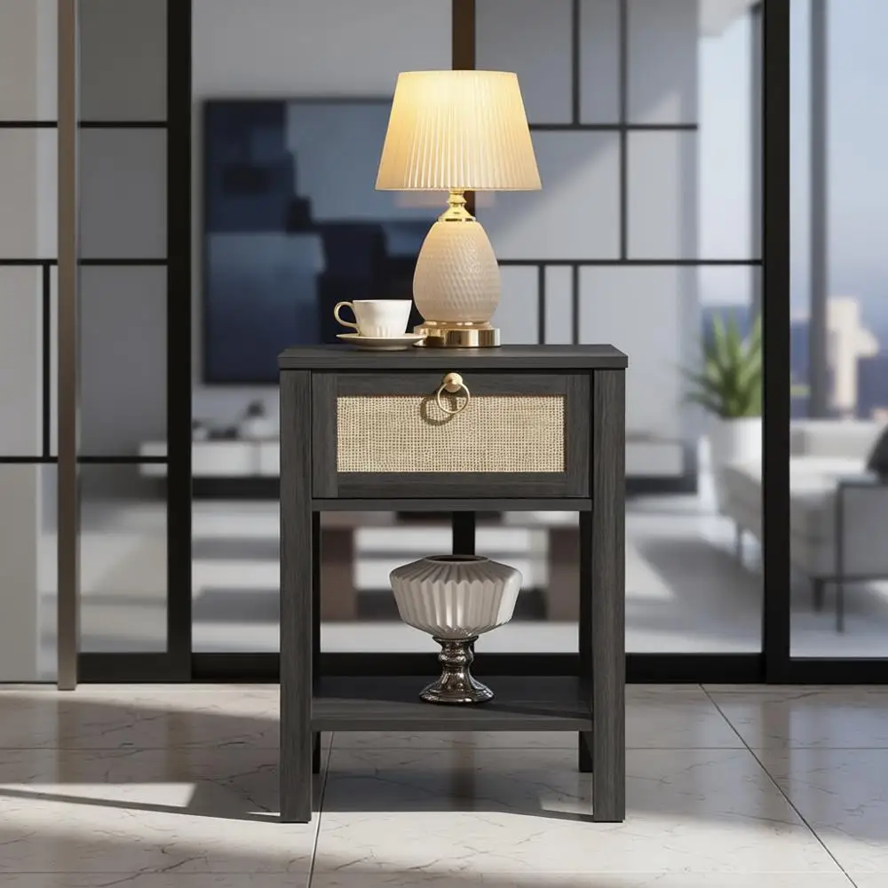 

Тумбочка из ротанга, ящик из ротанга с латунными ручками, прикроватная тумбочка, торцевые столики в стиле бохо, приставные столики с полкой для хранения