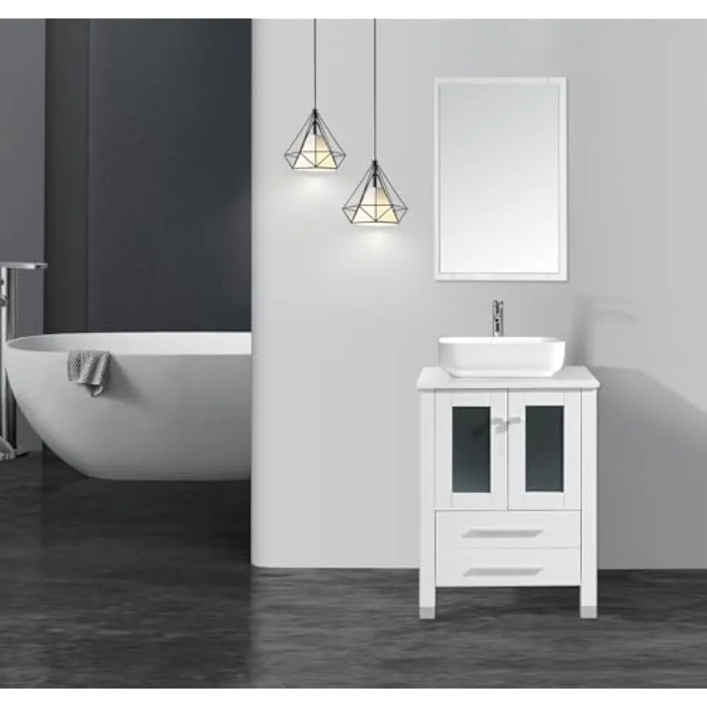 24” Bathroom Vanity Sink Combo White Stand Cabinet with Ceramic Vessel Sink, Chrome Solid Brass Faucet, Pop Up Drain and Mirror