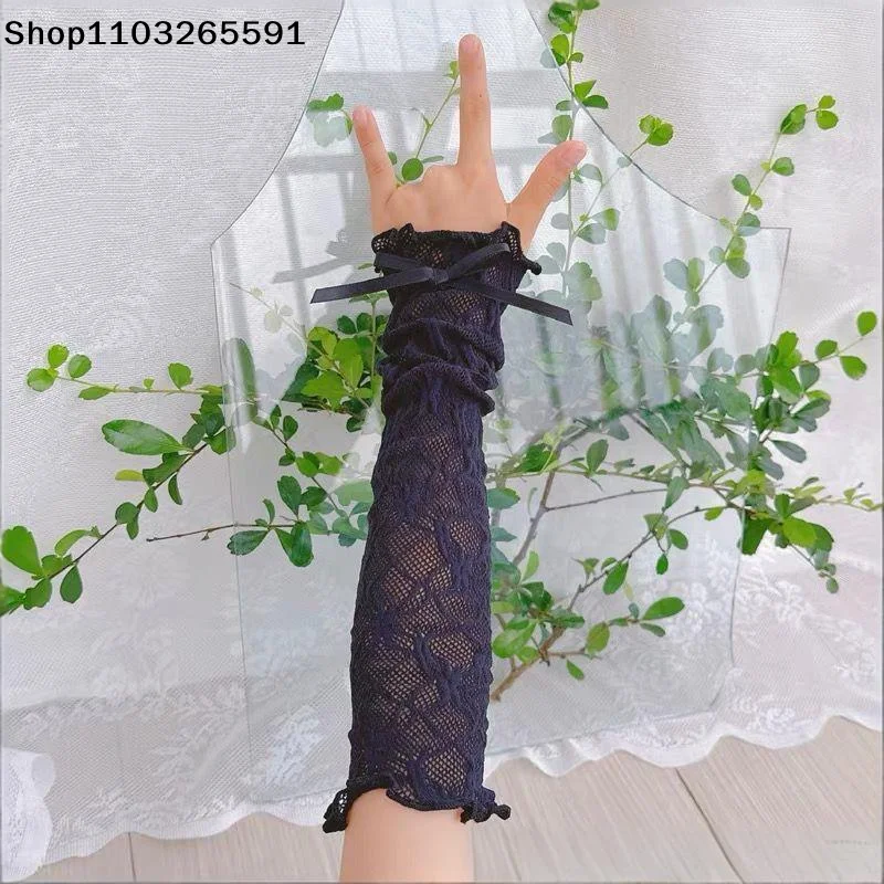 Mittens JK Lolita Kawaii Women Mesh Fishnet Bowknot Gloves Lace Ruffle Y2k Gloves Fingerless Gloves