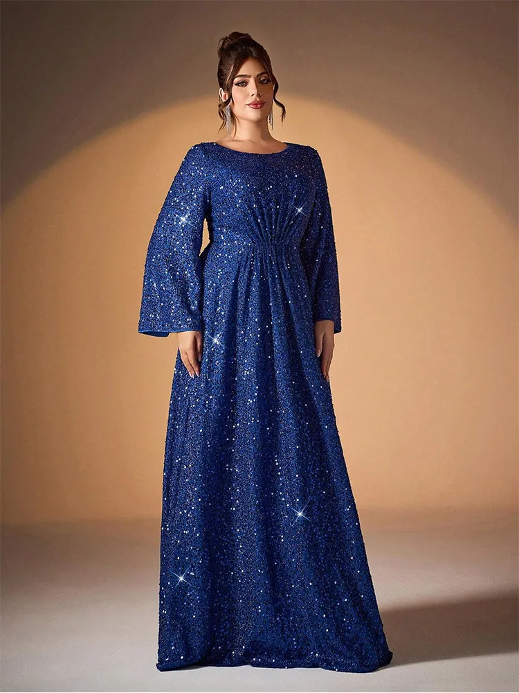 Plus Size Round Neck Long Sleeve Royal Blue Sparkling Evening Dress 4LX 5XL Big Size Wedding Banquet Bridesmaid Prom Gown 2024