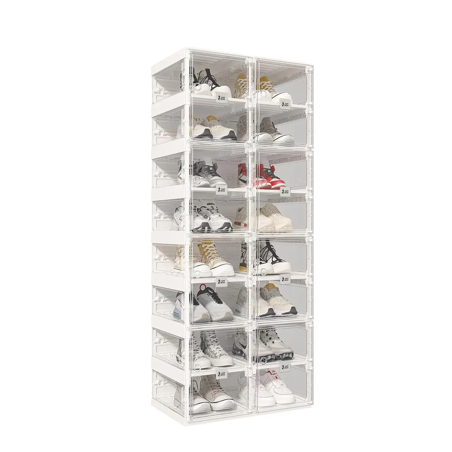 Foldable Shoe Rack Organizer Plastic Storage Box Stackable Cabinet Magnetic Clear Door 8 Tiers 16 Pairs, Customized