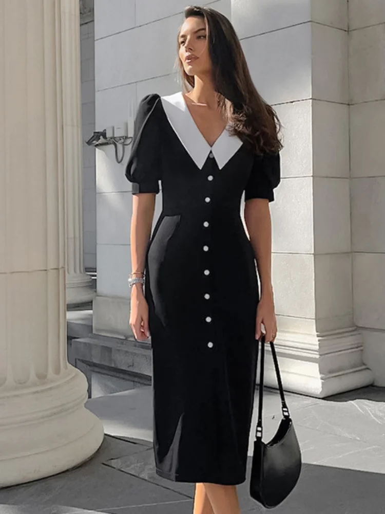 

Elegant Colorblock Dress Summer Clothing Women 2026 Puff Sleeve Single Breasted Slim Fit Midi Dresses OL Style Commuting Dress