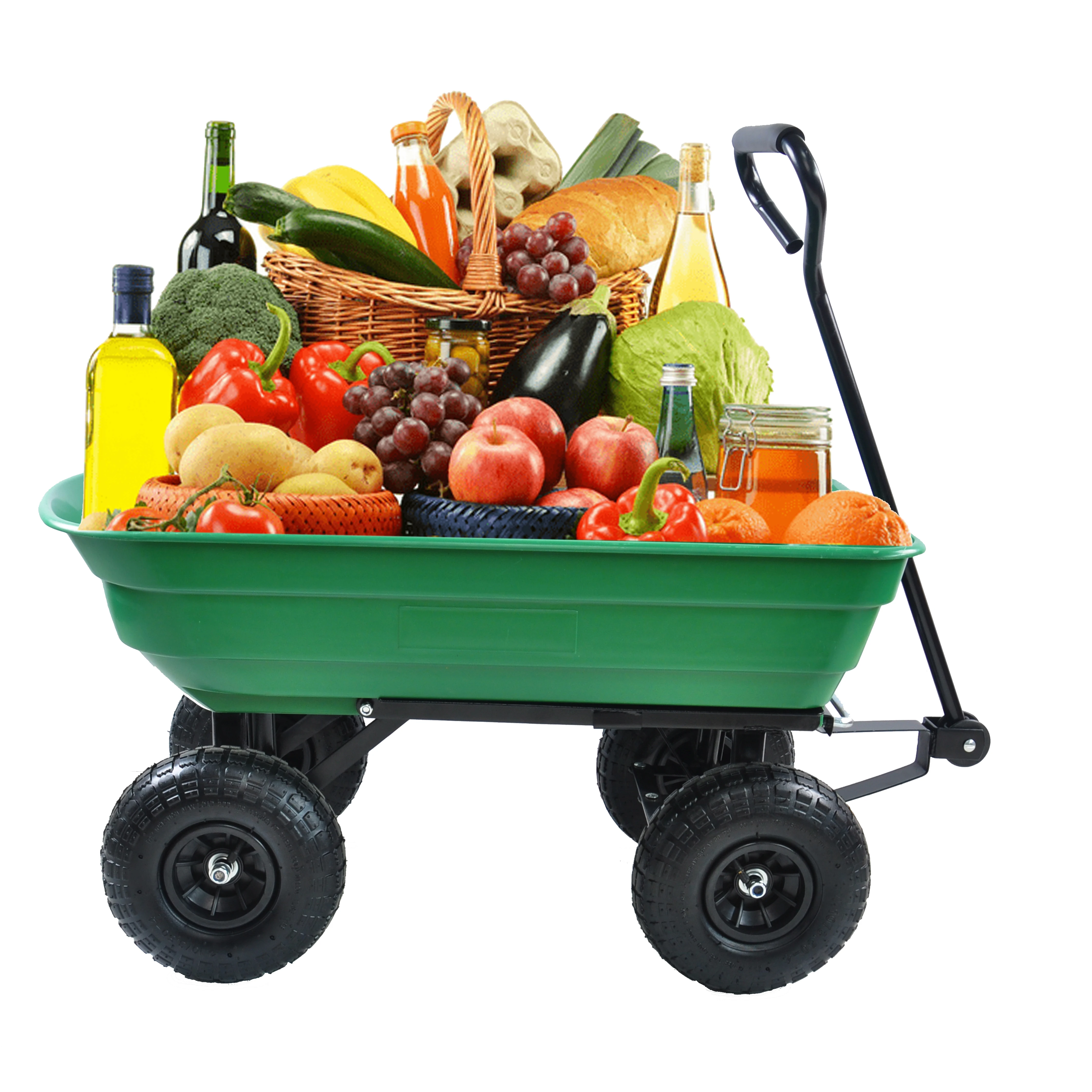 Garden wagon dump truck with steel frame, 10 inches pneumatic tire, 300 pound capacity, 75 litre bucket plastic bucket + 75L +