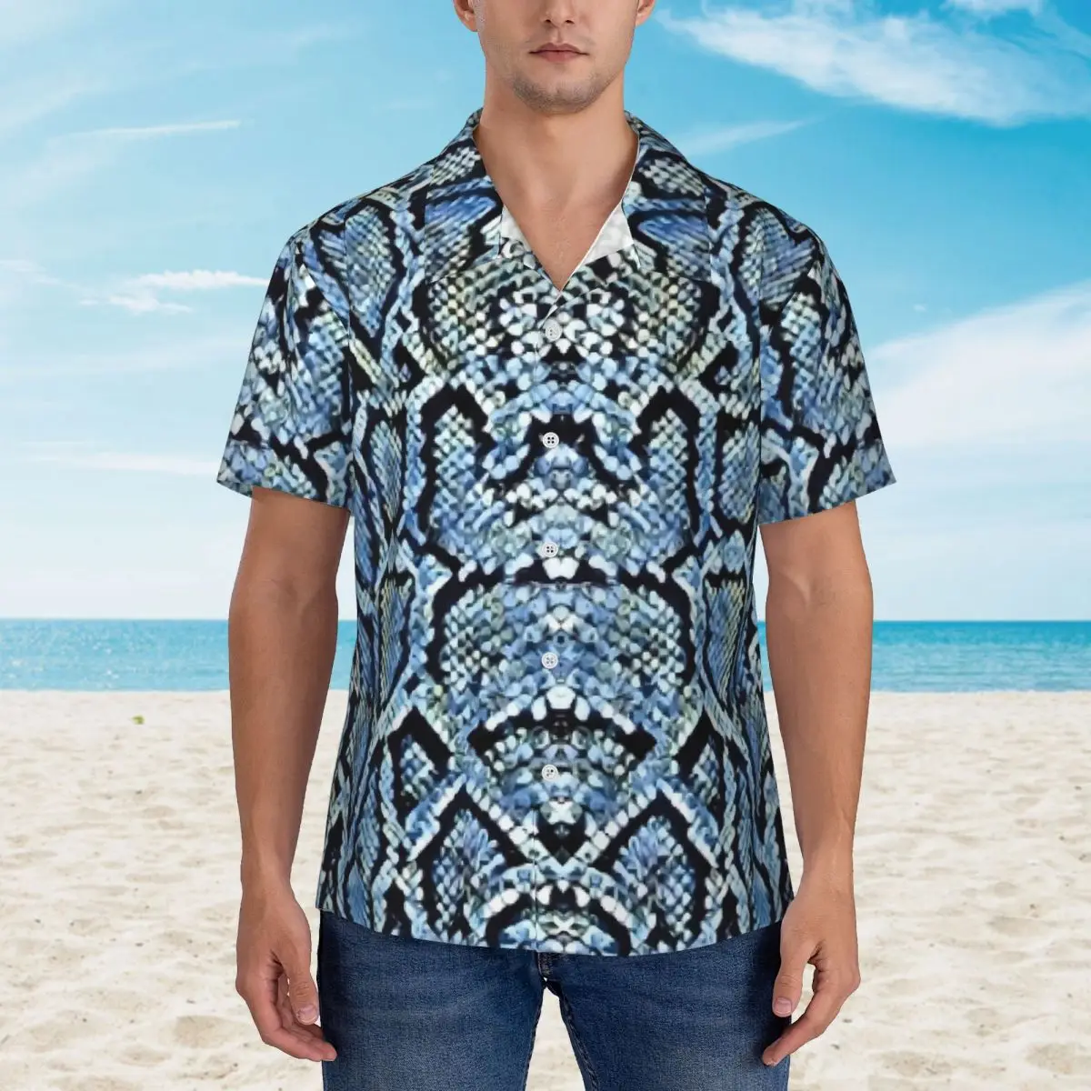 Snake Skin Print Hawaiian Shirt Men Beach Blue And Grey Casual Shirts Short Sleeves Harajuku Pattern Novelty Oversized Blouses