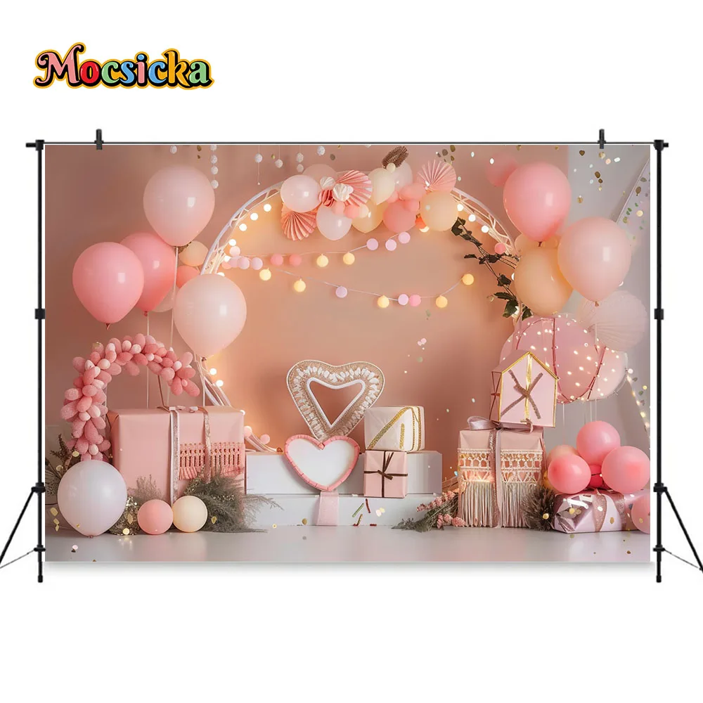 Boho Photography Background for Girls Birthday Party Shiny Lights Balloon Wall Gift Backdrop Decor Kids Cake Smash Photo Studio