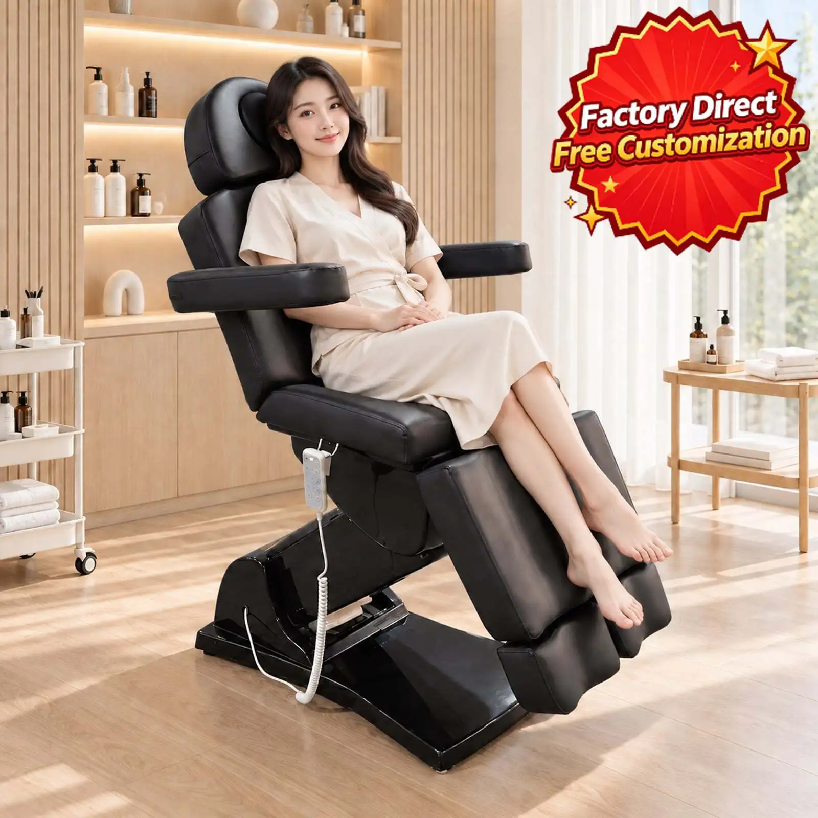 Professional Electric Tattoo Chair Adjustable Height Facial Bed Reclining Salon Beauty Table for Spa Massage Pedicure Black