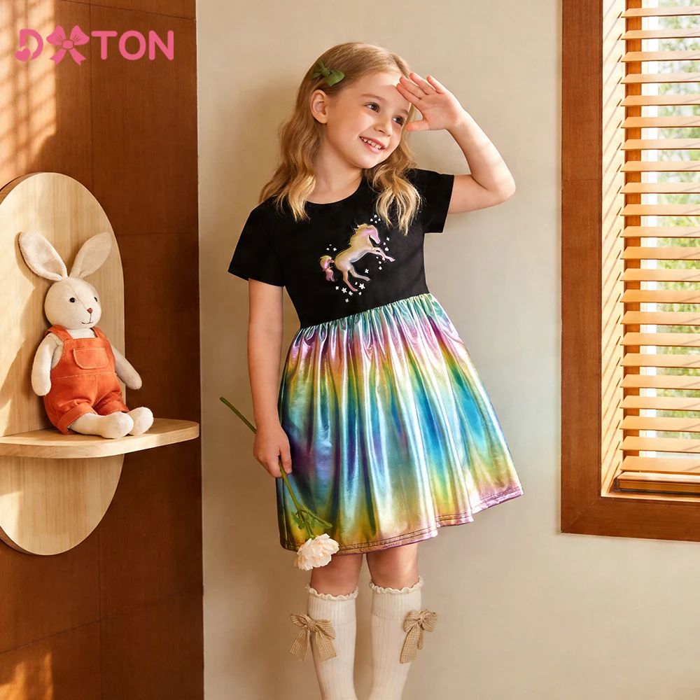 DXTON Cotton Baby Toddler Clothing Short Sleeve Girls Dresses Unicorn Summer Kids School Daily Costumes Cartoon Girls Outfits