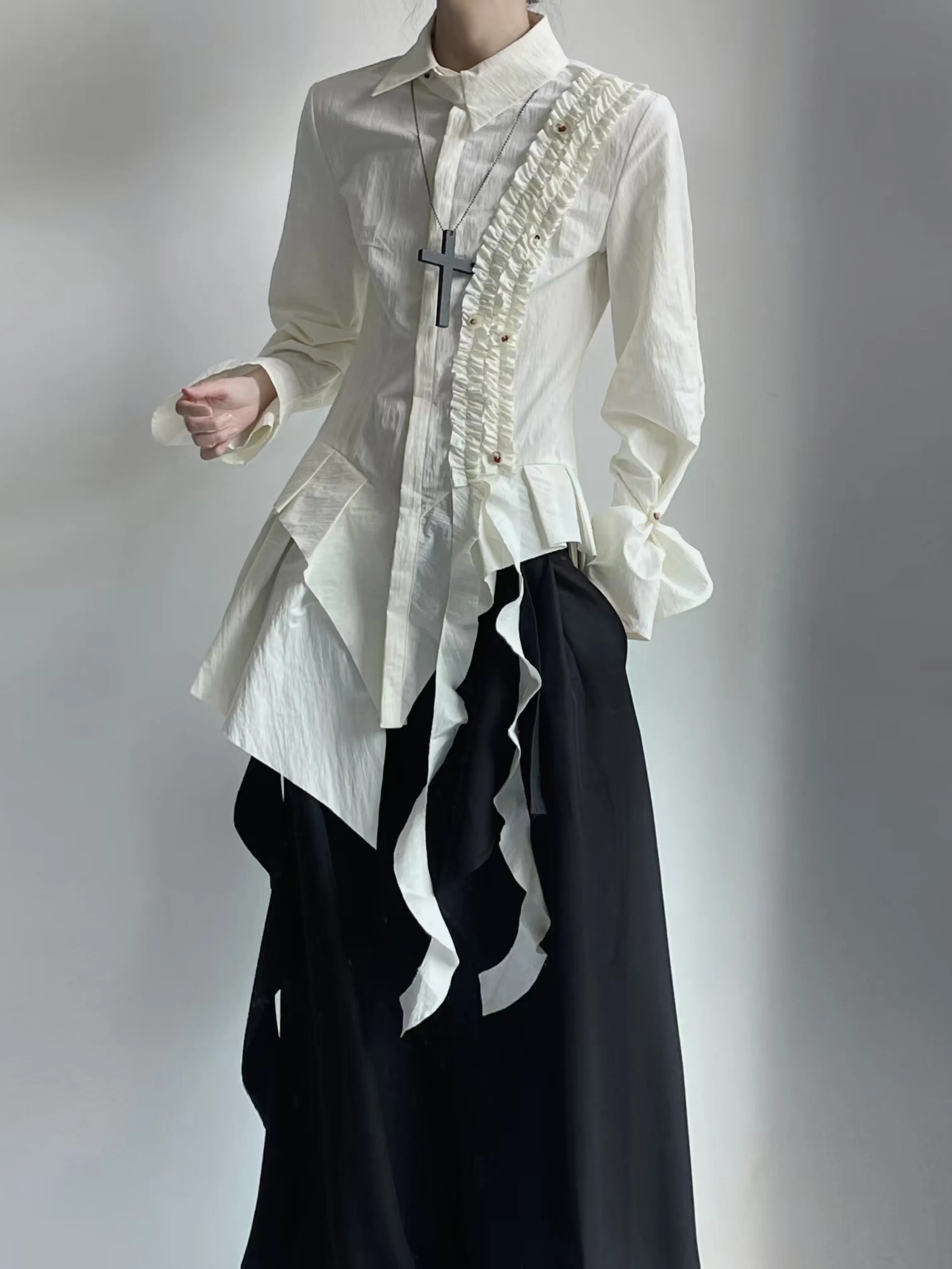 Original Design Niche Men's Shirt Spring New Arrival: Asymmetrical Cinched Waist High-end Long Sleeve White Tops for Men