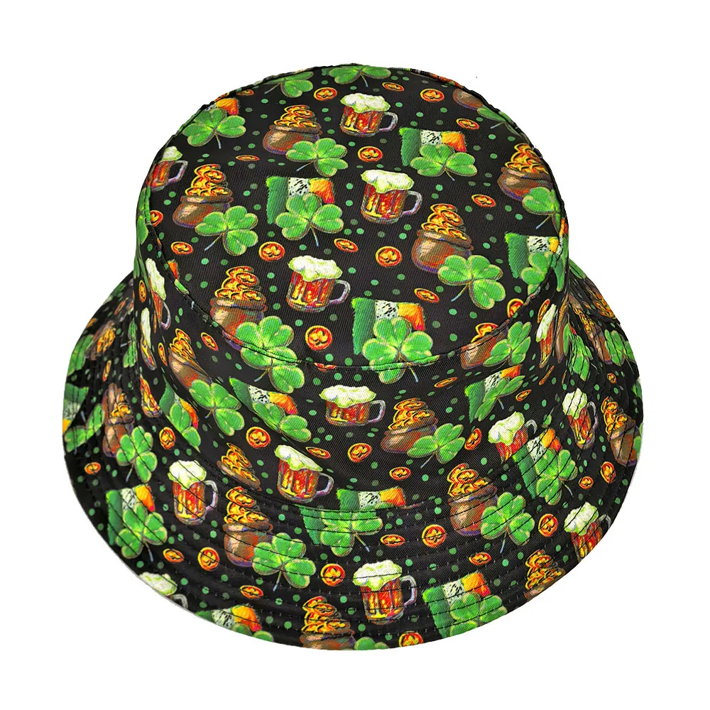 St. Patrick's Day Beer Green Clover Print Bucket Hats for Women Men Ireland Festival Panama Party Decorate Fisherman Cap Summer