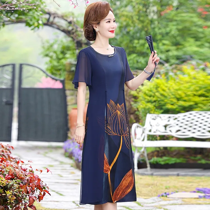 Summer fake two Casual Midi Dress Vintage Lotus printing chiffon Dress Women Elegant loose Party Vestidos Plus size 5XL