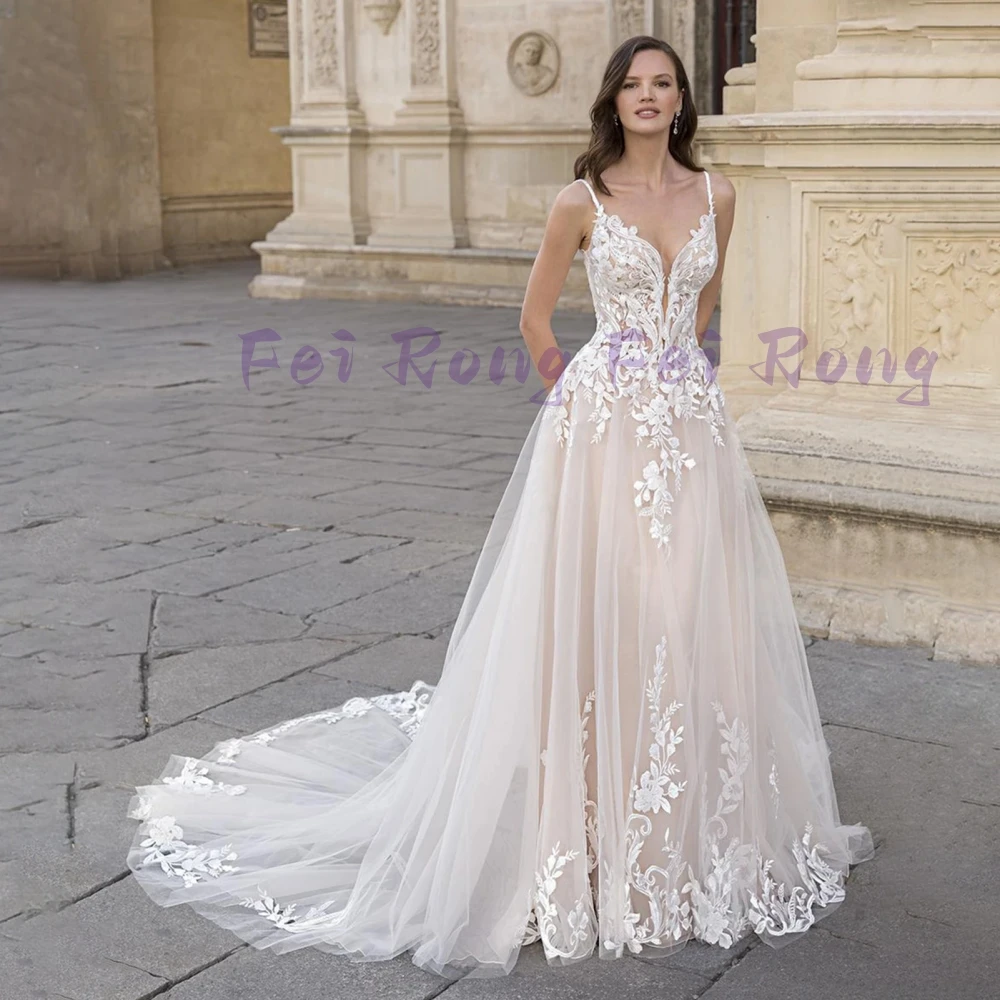 Elegant Spaghetti Wedding Dresses with Train Lace Sleeveless Bridal Gowns for Women A-Line Vestido De Novia Mariage Princess