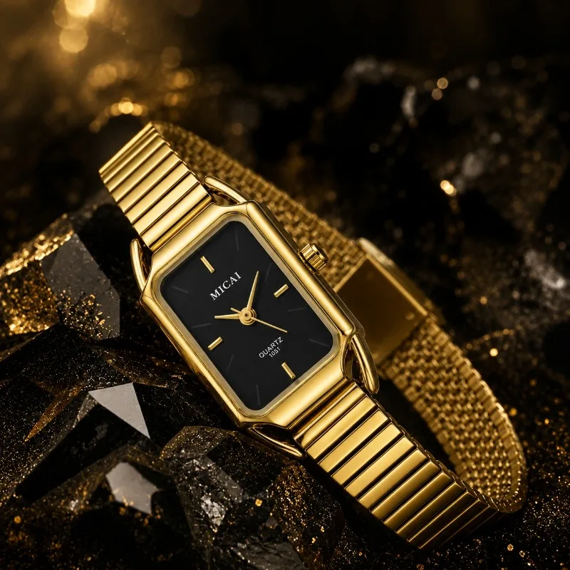 MICAI Gold Women's Watch Fashion Slim Rectangle Dial Stainless Steel Band Ladies Quartz Wristwatch Simple Elegant Woman Clock