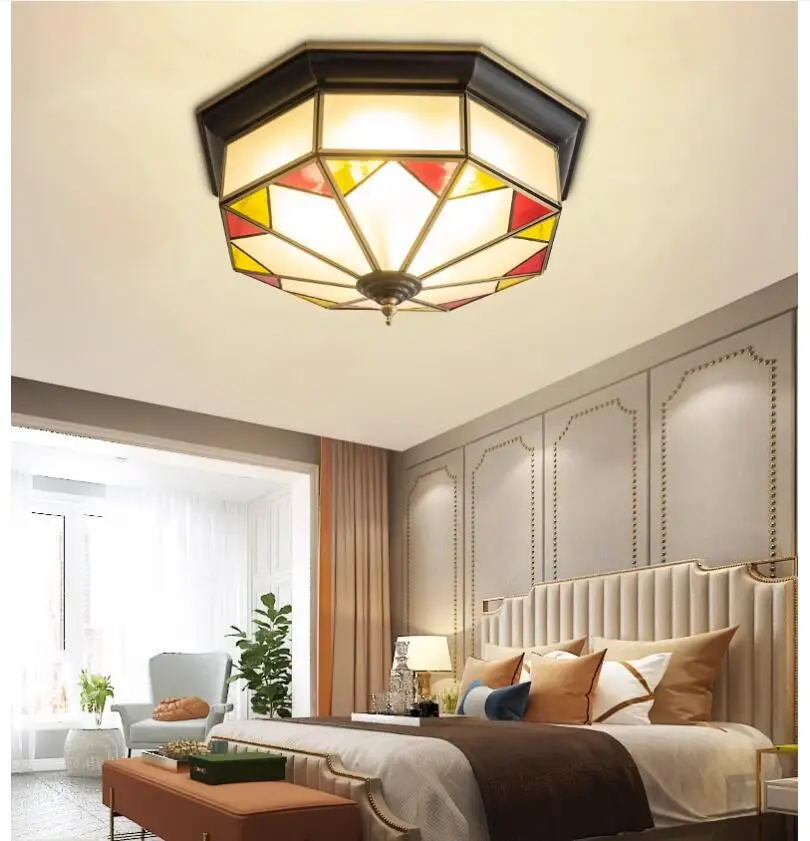 European Copper Glass Ceiling Light Foyer Restaurant Living Room Lighting Lustre Bedroom Study Loft Ceiling Lamp Home Decoration