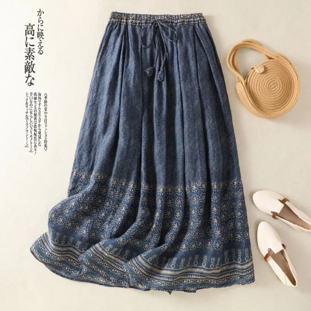 

Ethnic Style Lined Cotton Linen Shirt Vintage Distressed Blue Stitching Print Long Skirt Artistic Gentlewoman's Clothing