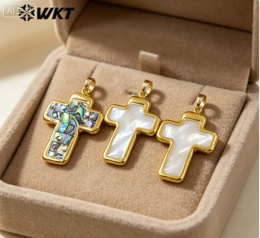 WT-JP407 Abalone White Shell  Pendant Cross Shape With Real Gold Plated For Friends Daily Decoration