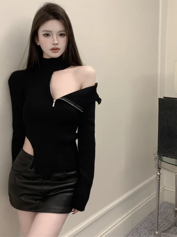 Off Shoulder Black Temperament Sweater Women Clothing Half High Collar Zipper Jumper Hollow Out Sexy Tunic Knitted Pullovers Top