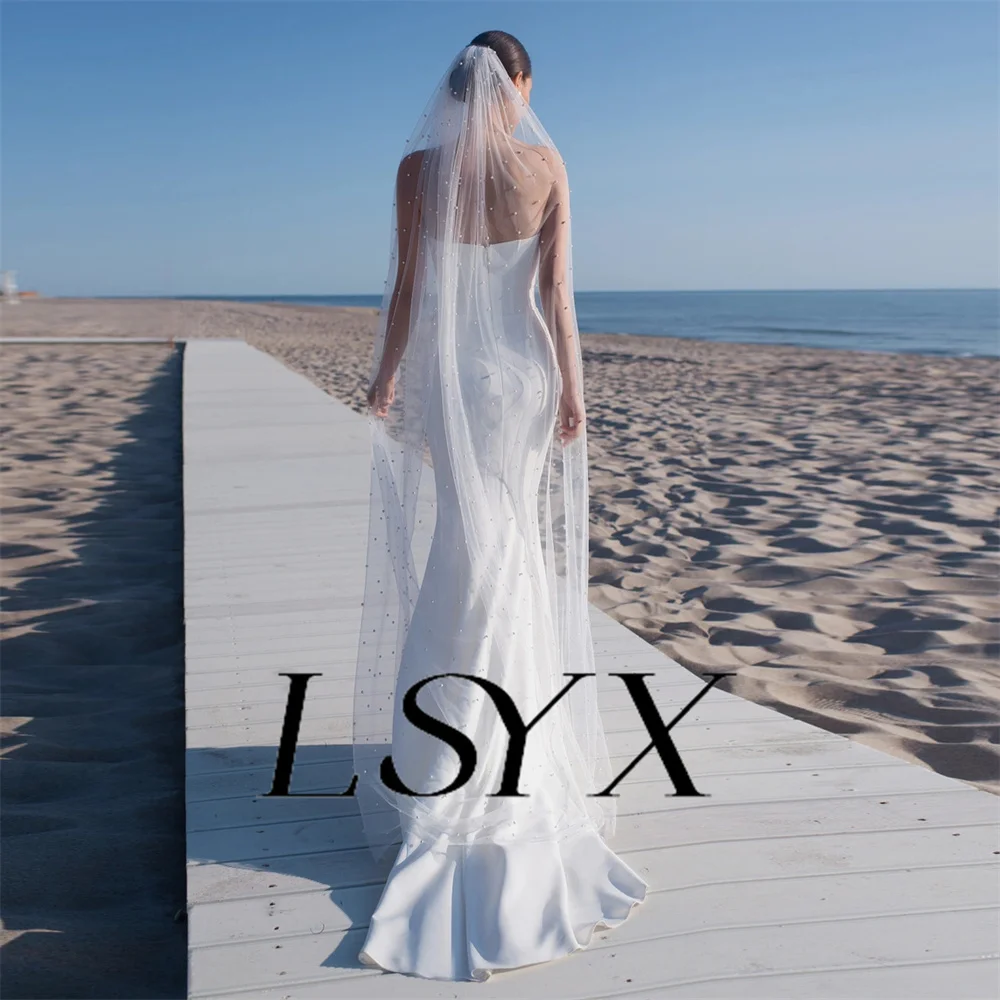 LSYX Perfect Sweetheart Strapless Crepe Button Customized Mermaid Wedding Dress Zipper Back High Slit Floor Length Bridal Gown