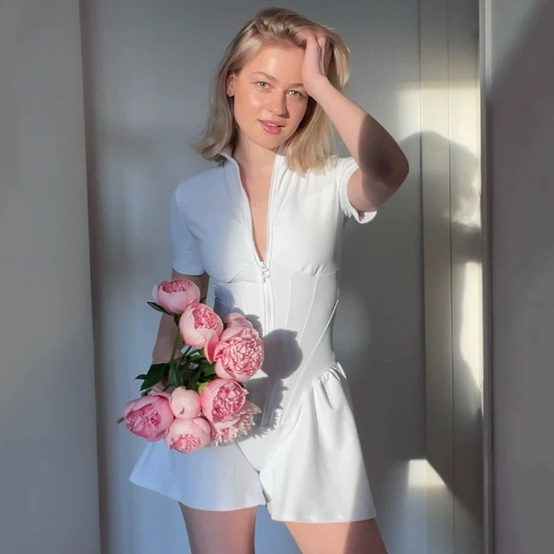 

American Fashion Summer Solid Color Sexy Top Personality Slim Round Neck Zipper Short Sleeve Elegant Temperament Casual Jumpsuit