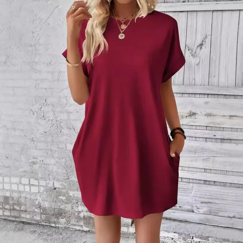 gonna intera calda Abbigliamento da donna transfrontaliero europeo e americano Abbigliamento esterno Abito a maniche corte con tasca girocollo