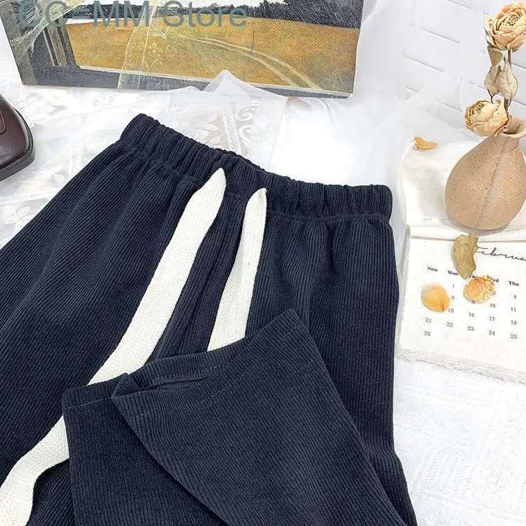 New Corduroy Striped Pants Women Autumn Winter Wide Leg High Waisted Drawstring Straight Korean Thicken Warm Trousers