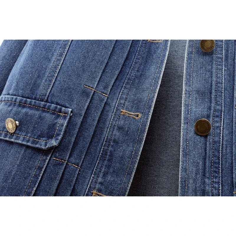 Dunkelblau O Hals Große Tasche Denim Jacke Frauen Dünne Kurze Cowboy Oberbekleidung Frühling Herbst Koreanische Casual Jeans Jacke Mantel Weibliche