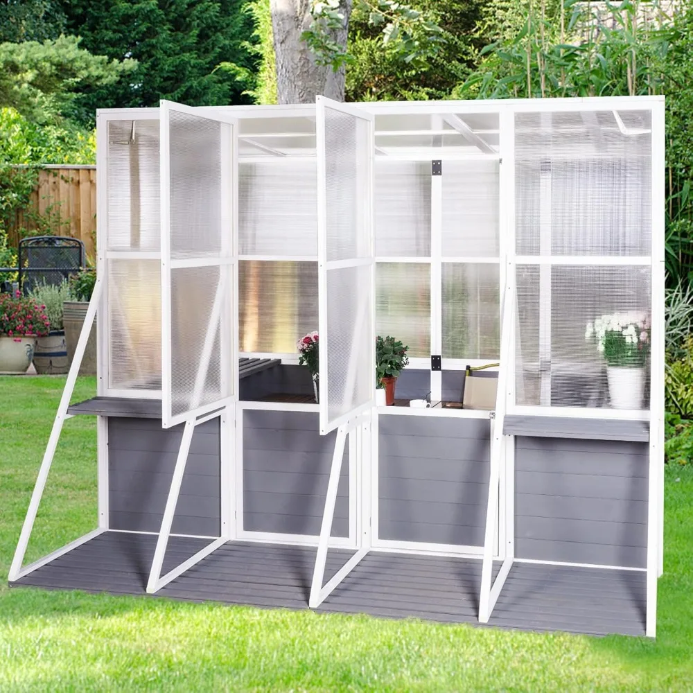 Polycarbonate Greenhouse, Wooden Lean with Lockable Door, Adjustable Roof, 2 Shelves & Wooden Base, Walk in, Conservatory