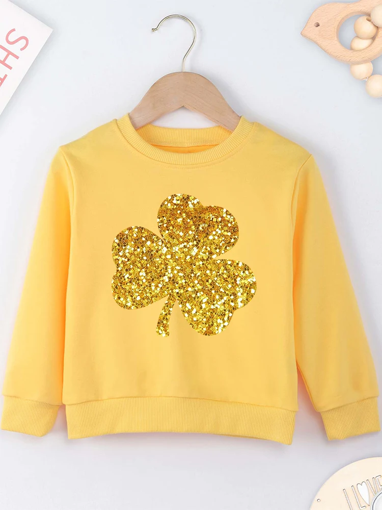 Clover Print Beautiful Kids Clothes Yellow Round Neck Spring Autumn Boy Girl Sweatshirt Urban Fashion Harajuku Pullover Dropship