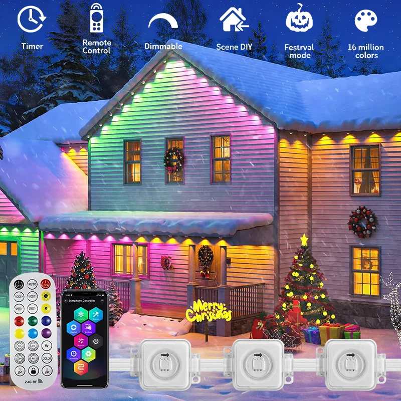 Trwałe światła zewnętrzne z 90 diodami LED Eaves Lights Smart App/Remote RGB Light String DIY Scene Modes Full House Holidays Decor