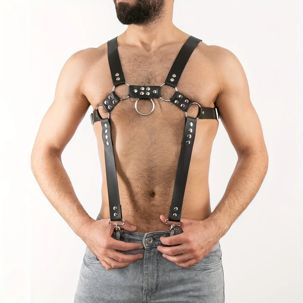 Arnés de Bondage para hombre Gay, arnés de pecho de cuero Pu, Tirantes ajustables, disfraz erótico