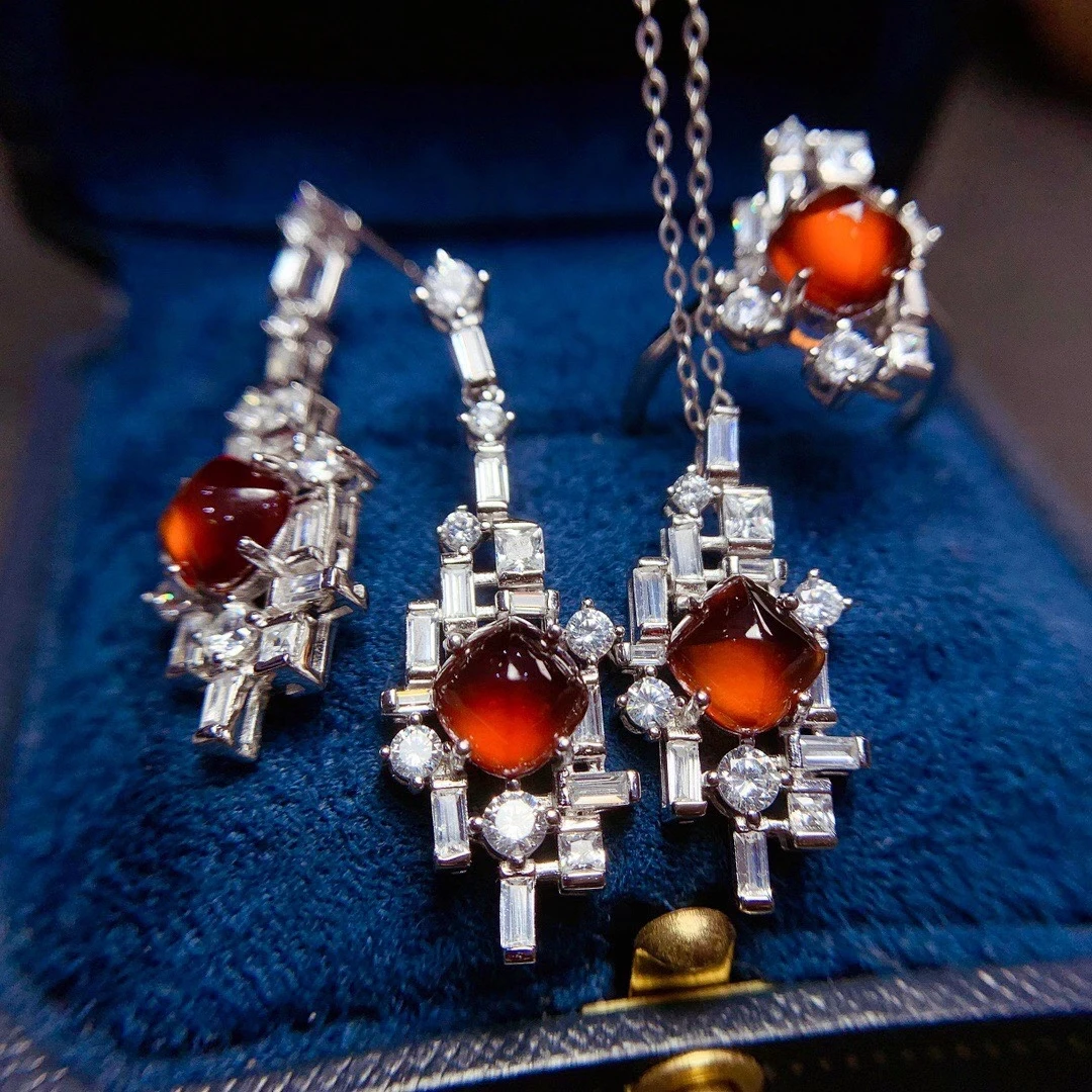 

Natural Sugar Tafanta Garnet Gemstone Trendy Jewelry set for Women Real 925 Sterling Silver Charm Fine Jewelry