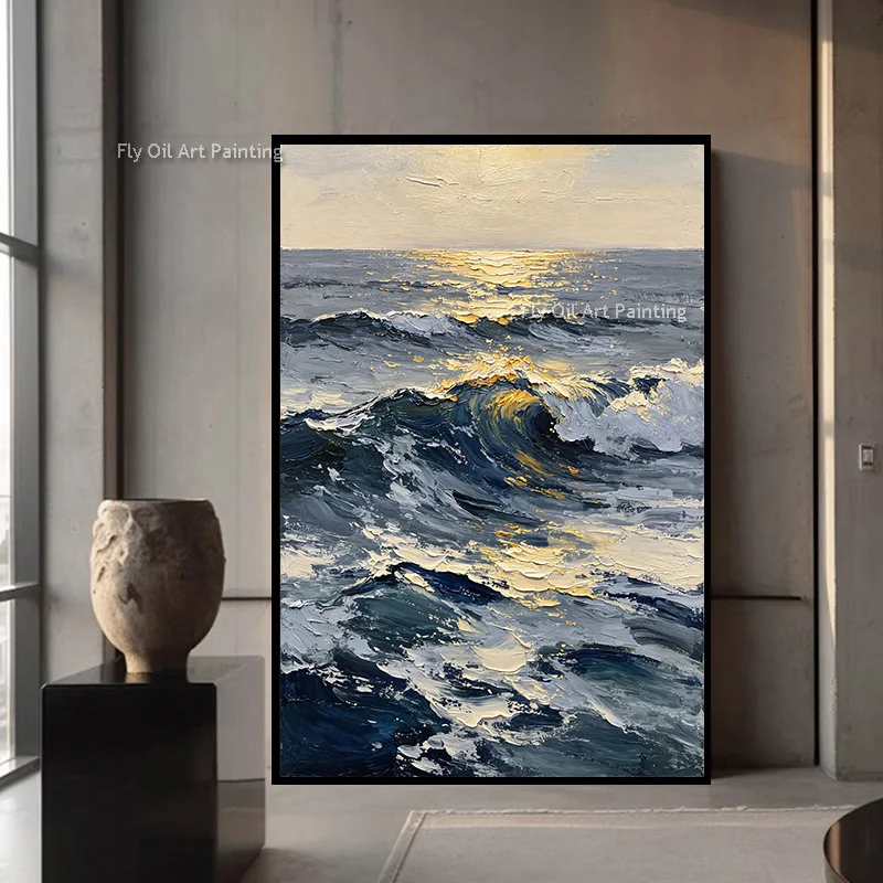 Fashional Design Oil Painting Hand Painted Modern Blue Ocean View Wall Art Items New Seawave Sunset Canvas Artwork For Decor