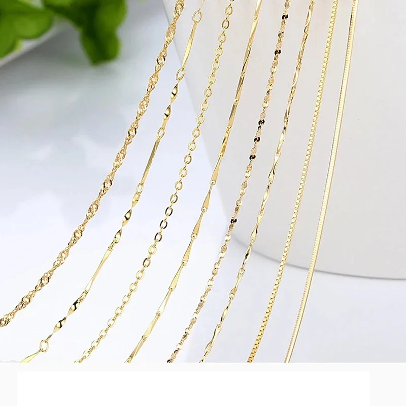 Genuine Gold Color Necklace For Women Water Wave Chain Snake Bone/starry/Cross Chain 18 inches Necklace Pendant Fine Jewelry