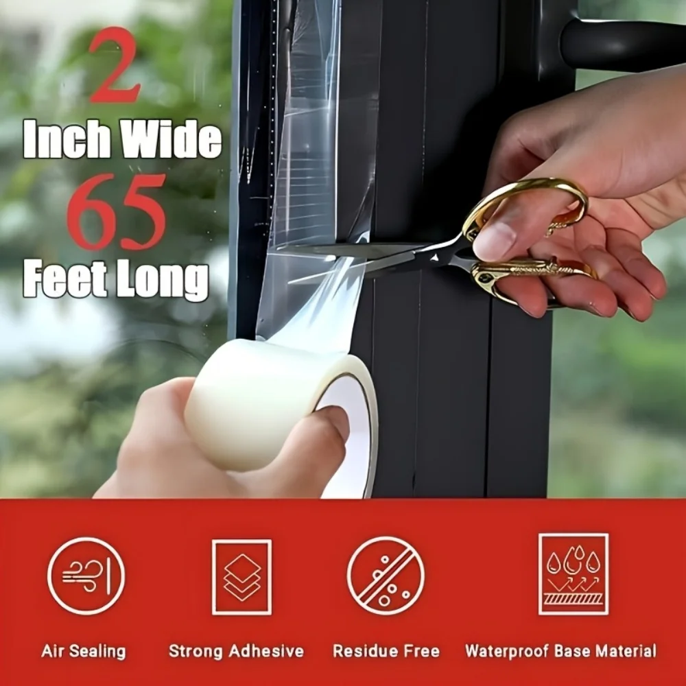 شريط عزل نافذة شفاف مقاوم للرياح، شريط عزل نافذة شفاف مقاوم للرياح بطول 2 بوصة × 65 قدم، لمنع الغرفة