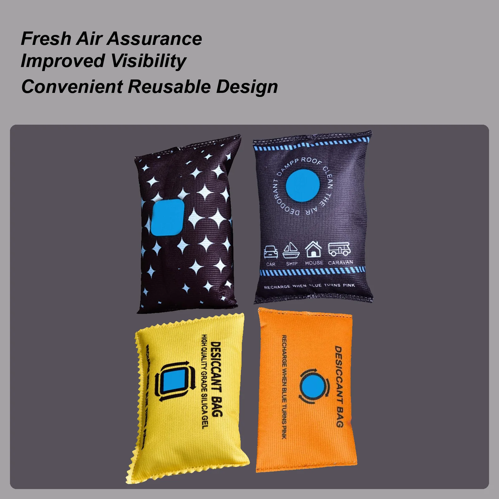 

Car Dehumidifier Silicone Beads Desiccant Leak-Proof Reusable Car Moisture Absorber Bag for Windscreens Interior Closet Basement