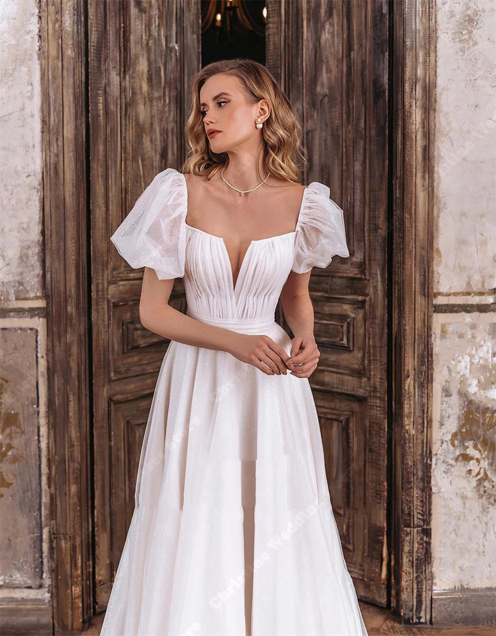 Boho Bride Short Sleeves Tulle Wedding Dresses Summer V-Neck Beach A-Line Long Gowns Newest Mopping Length Vestidos De Novias