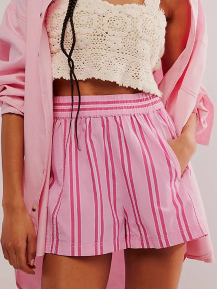 Summer Striped Beach Casual Shorts Women Elastic High Waist Loose Short Pants Pockets Lady Fashion Streetwear Shorts For Girls