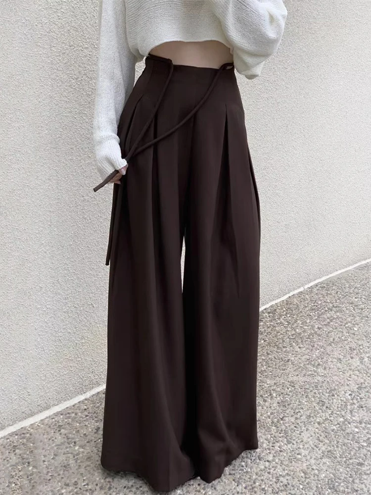 

Clothland Women Elegant Zipper High Waist Pants Drawstring Sashes Wide Leg Female Chic Long Trousers Mujer KA483