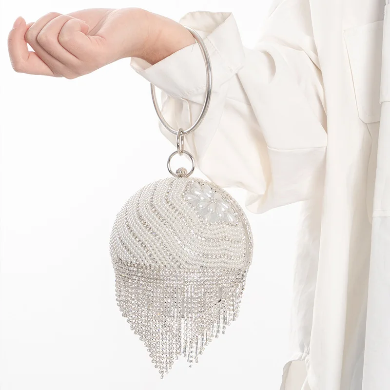 

Shining Diamonds Rhinestone Evening Bag Special Design Round Ball Clutch With Exquisite Tassels Lady Elegant Temperament Handbag