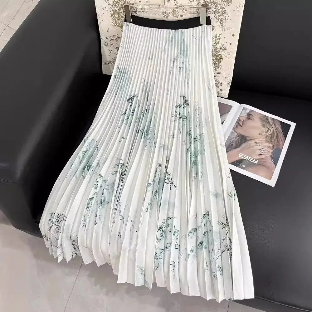 Pleats Original Pleated Skirt 2024 Spring Summer New Elegant Skirt Female Elastic Waist Printing Fashion High-end Hundred Skirt