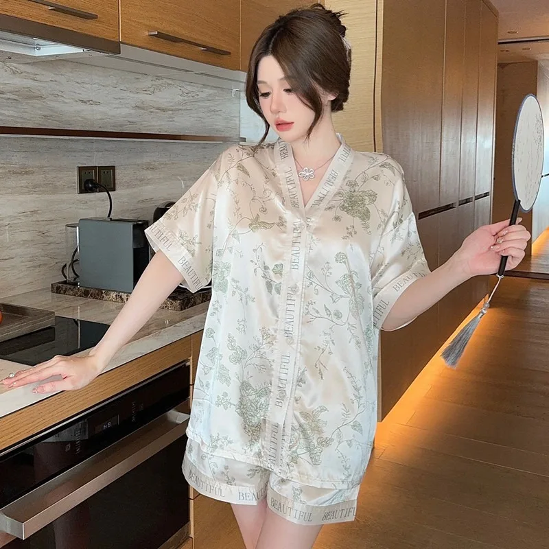 플러스 사이즈 여성용 여름 면 파자마, 스윗 기모노 칼라 오픈 가디건 투피스 세트 홈웨어, 외출복으로도 가능