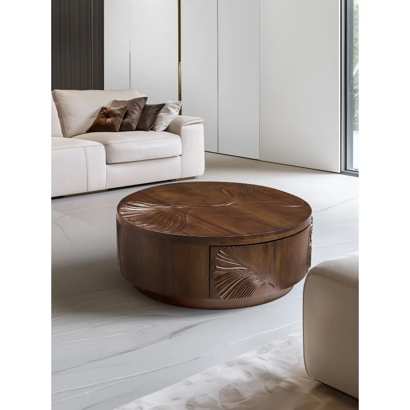 Creative coffee table premium feeling living room household solid wood round coffee table with drawers