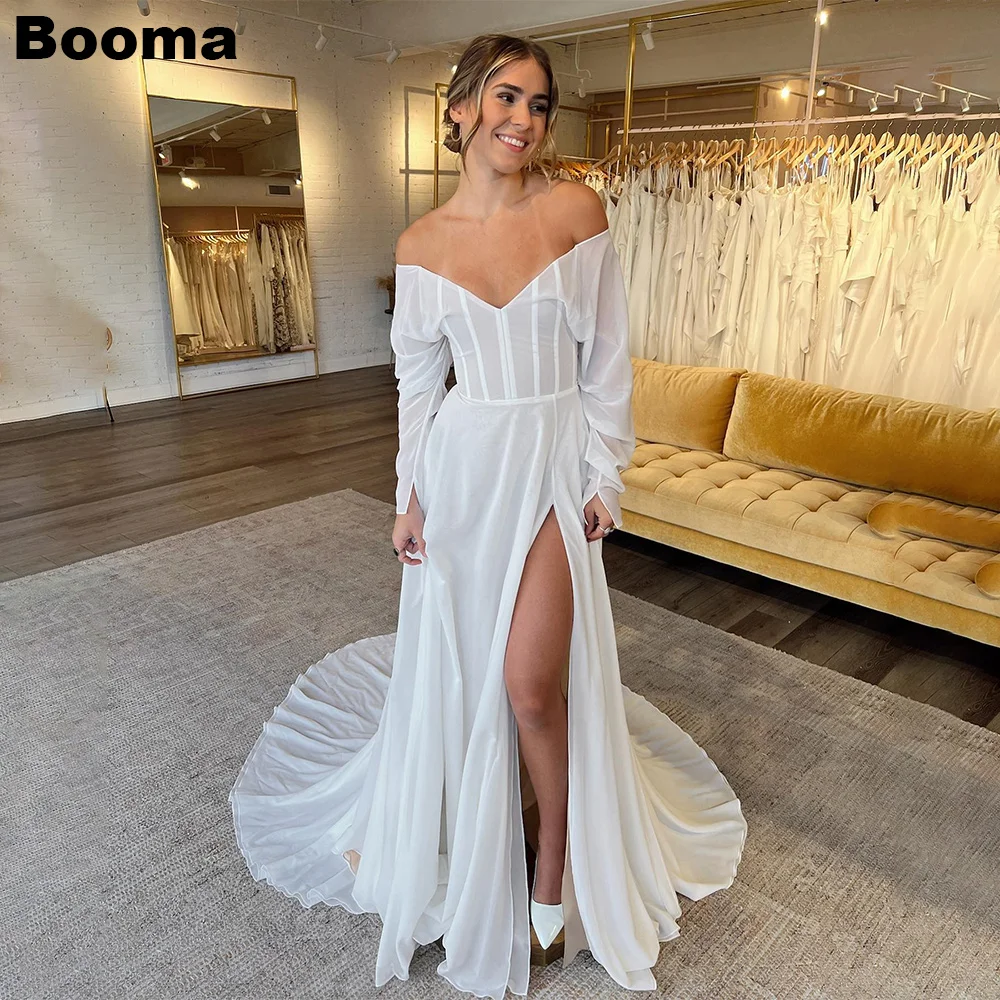 

Booma Generous A-Line Wedding Dresses Off Shoulder Long Sleeves Brides Party Dress High Side Slit Evening Gowns for Women