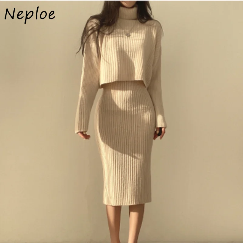 Neploe Set Women 2 Pieces Y2k Turtleneck Solid Color Long Sleeve Top Knit Suit+sleeveless Vest Hip Package Slim Dress Outfits