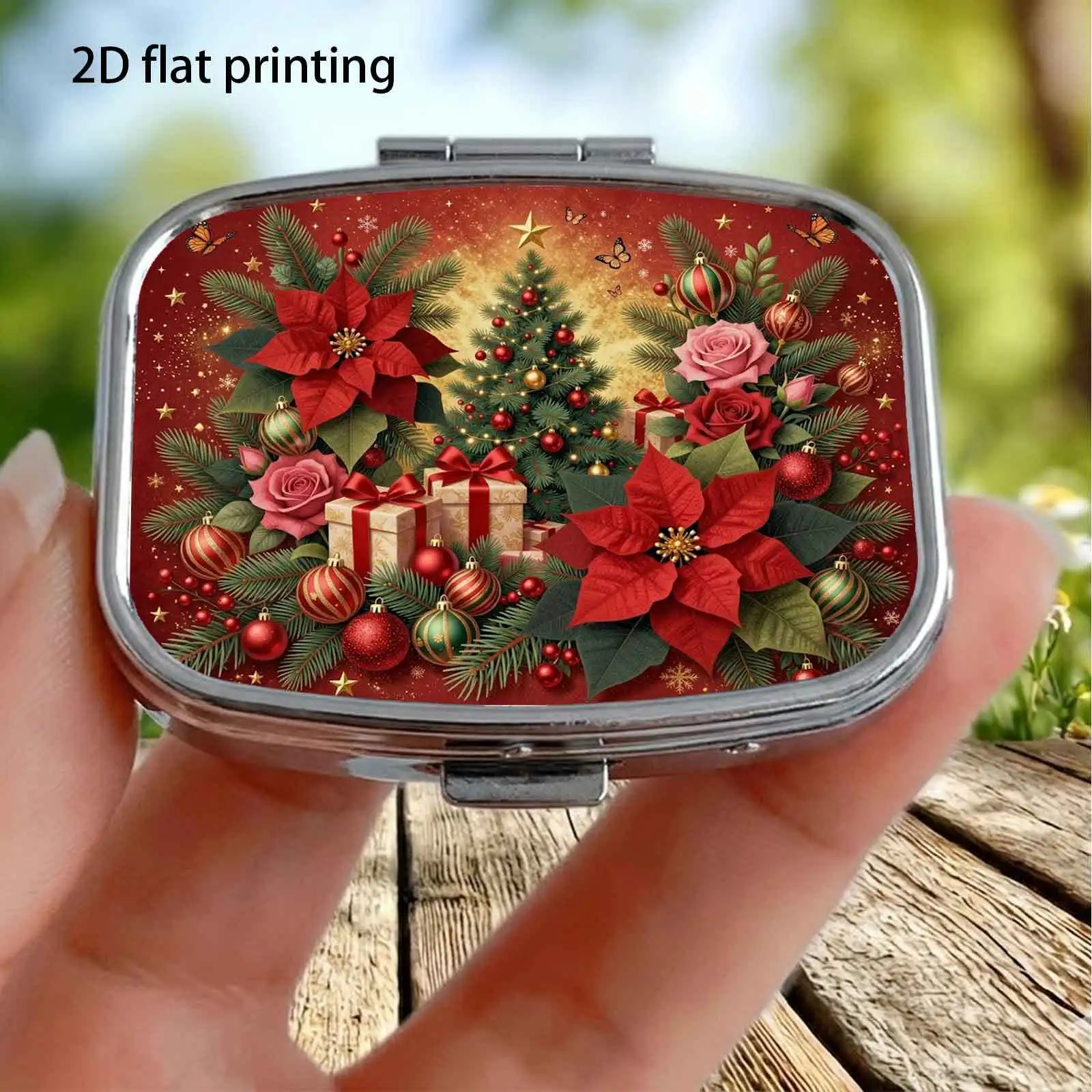 Christmas Red Poinsettia, Christmas Tree, Candles, Festive Retro Patterns, Square Two-Compartment Small Pill Storage Box, Portable Medicine Organizer, Can Also Be Used as a Home Portable Organizer, Decorative Box, Perfect for Handbags, Wallets, and Travel, Metal Storage Box, Small Jewelry Organizer, Holiday Gifts, Souvenirs, Prizes, Small Gifts