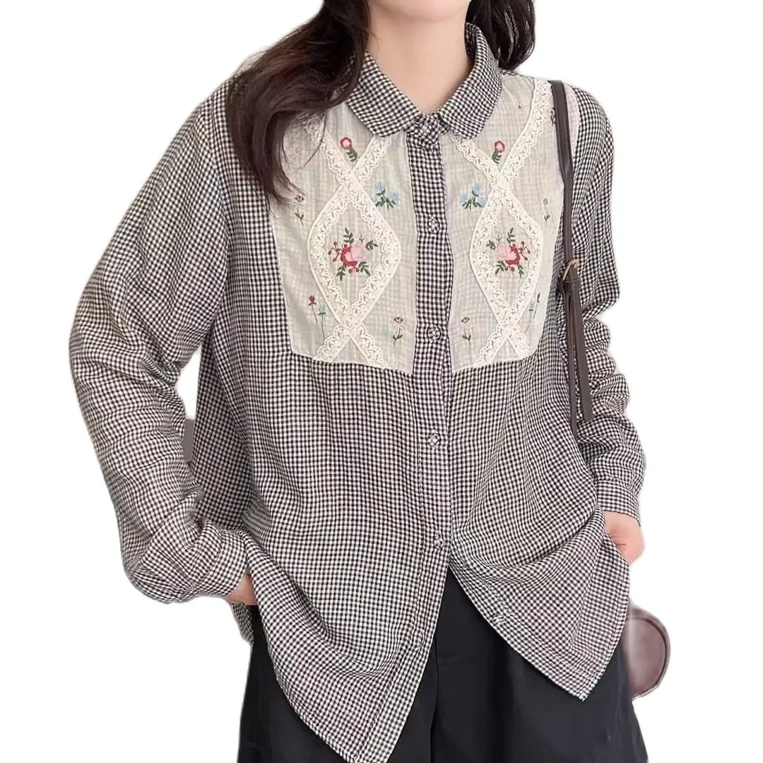 New Spring Cotton Floral Embroidery Shirts Women Single Breasted Long Sleeve Tops Girl Plaid Loose Blouses 2024 Summer T44190QM