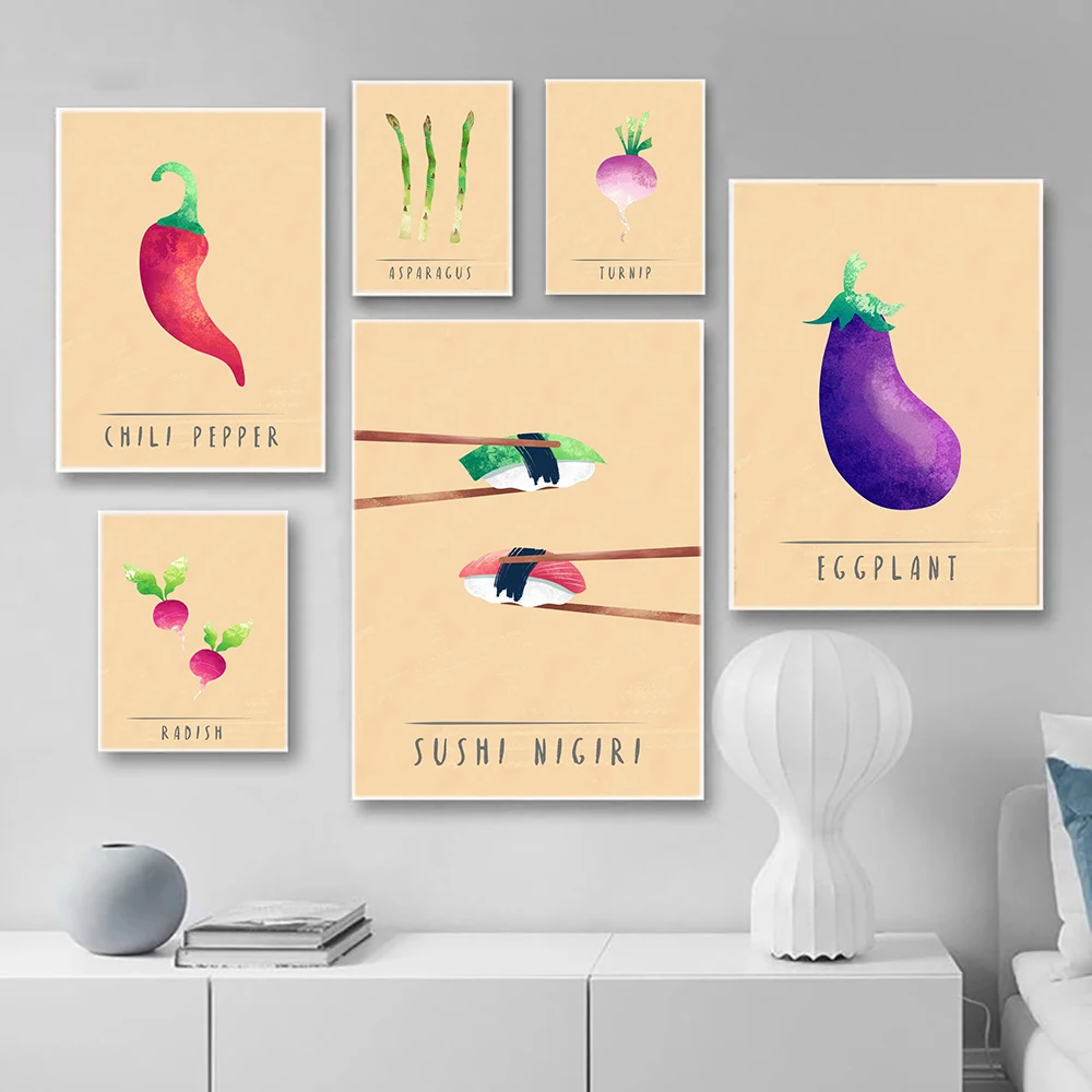 Vegetable Canvas Print and Poster Watercolor Radish Asparagus Turnip Canvas Painting Sushi Nigiri Picture Kitchen Wall Art Decor