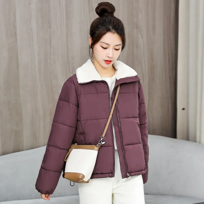 2026 New Autumn Winter Down Cotton Jacket Women's Cotton Coat Parka Lamb Wool Collar Korean Keep Warm Overcoat Large Size