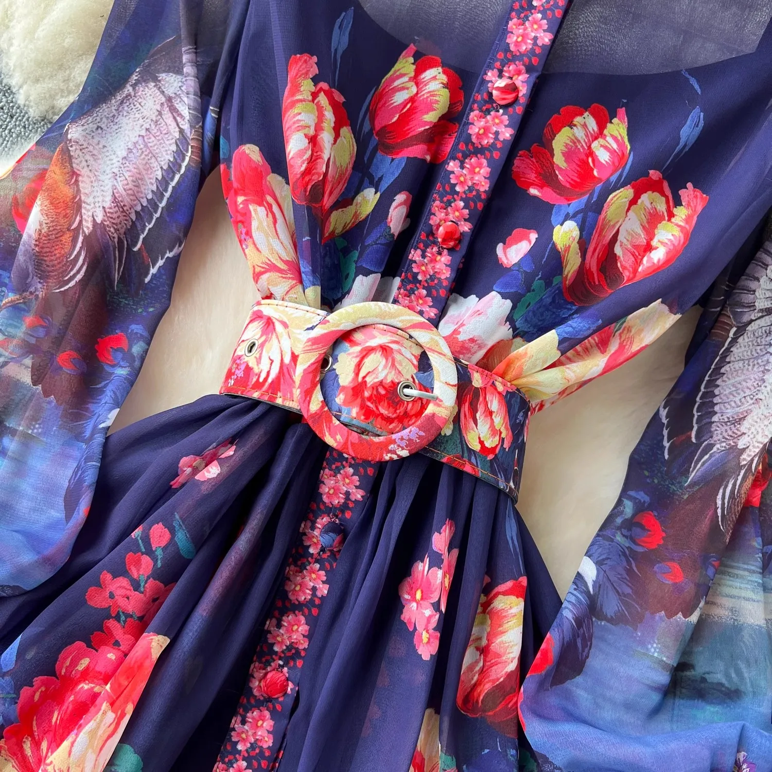 Gorgeous Flower Flowy Chiffon Dress Women's Turn Down Neck Long Sleeve Single Breasted Floral Print Belt Long Robe Vestidos 2062