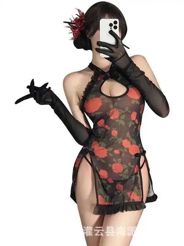 New Chinese Cheongsam  Ancient Style Role Playing Uniforms Sexy Perspective Dress Elegant Tank Mini Dress Bow Tops E9MZ